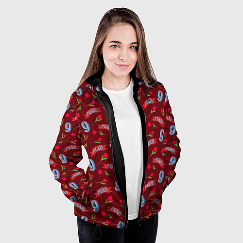 Женская куртка 9 мая, красная лента и тюльпаны / 3D-Черный – фото 3