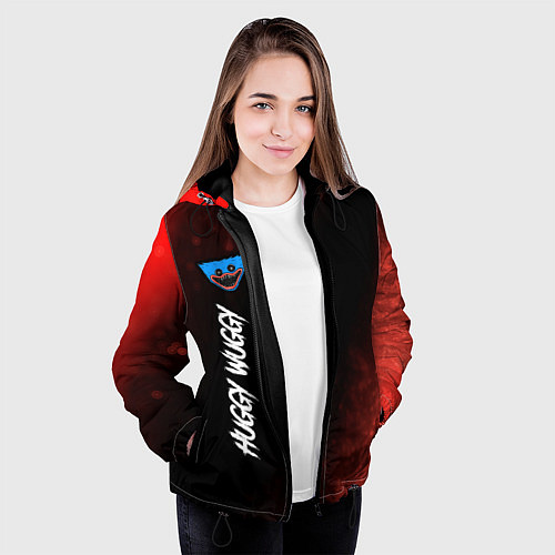 Женская куртка Надпись и лицо Huggy Wuggy на темном фоне с огнем / 3D-Черный – фото 3