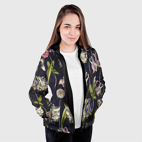 Женская куртка Цветы Аквилегии / 3D-Черный – фото 3