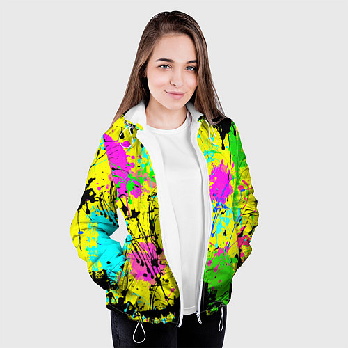 Женская куртка Абстрактная картина в разноцветный неоновых тонах / 3D-Белый – фото 3