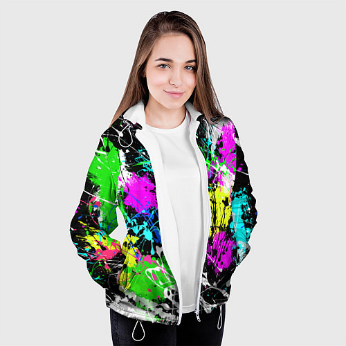 Женская куртка Разноцветные пятна краски на черном фоне / 3D-Белый – фото 3