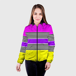 Куртка с капюшоном женская Яркие неоновые полосы в сочетании с черно-белыми п, цвет: 3D-черный — фото 2