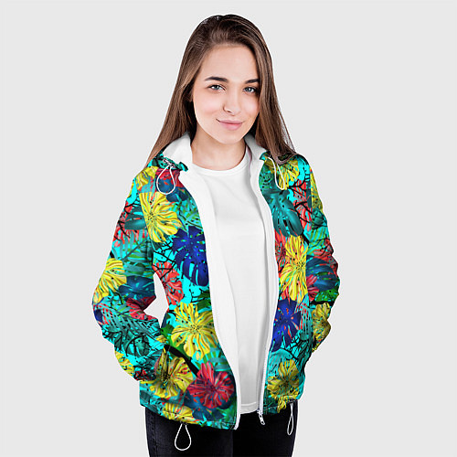 Женская куртка Тропические растения на бирюзовом фоне / 3D-Белый – фото 3