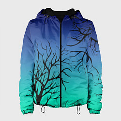 Куртка с капюшоном женская Черные абстрактные ветки деревьев на сине-зеленом, цвет: 3D-черный