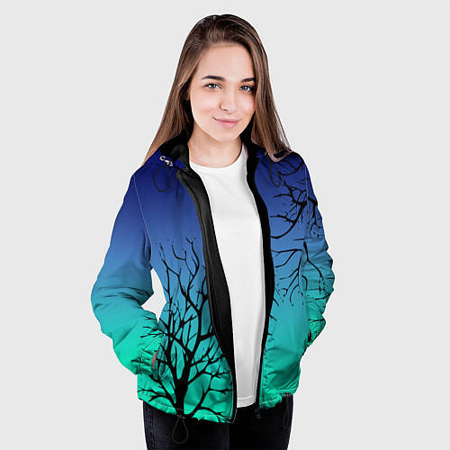 Женская куртка Черные абстрактные ветки деревьев на сине-зеленом / 3D-Черный – фото 3
