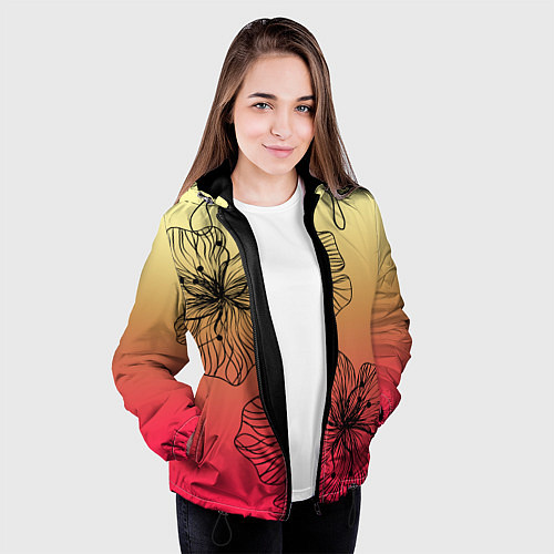 Женская куртка Черные абстрактные цветы на красно-желтом градиент / 3D-Черный – фото 3
