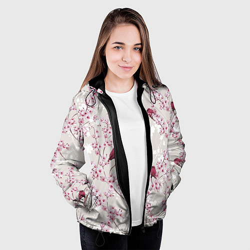Женская куртка Цветы Сакуры и Птицы / 3D-Черный – фото 3