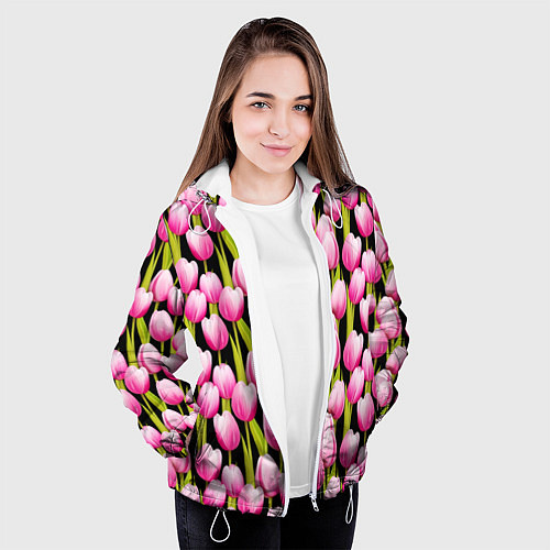 Женская куртка Цветы Розовые Тюльпаны / 3D-Белый – фото 3