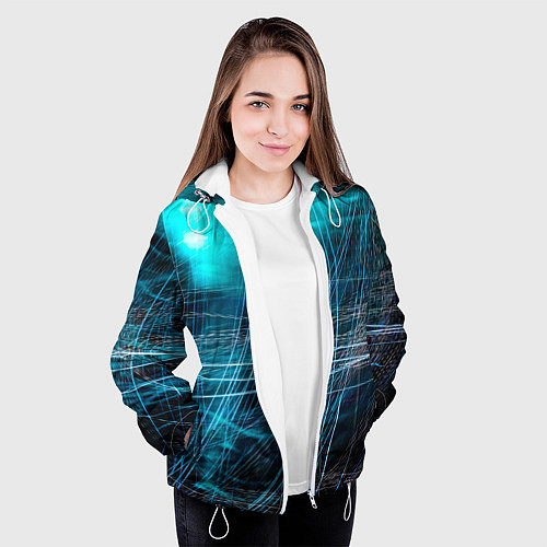Женская куртка Неоновые волны и линии - Голубой / 3D-Белый – фото 3