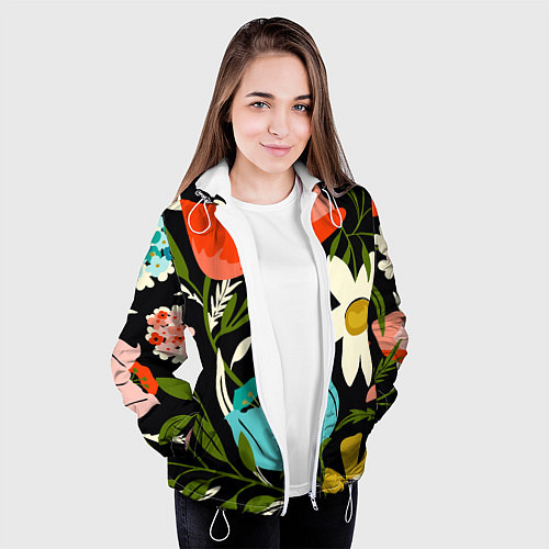 Женская куртка Яркие цветы на фоне тёмной летней ночи / 3D-Белый – фото 3