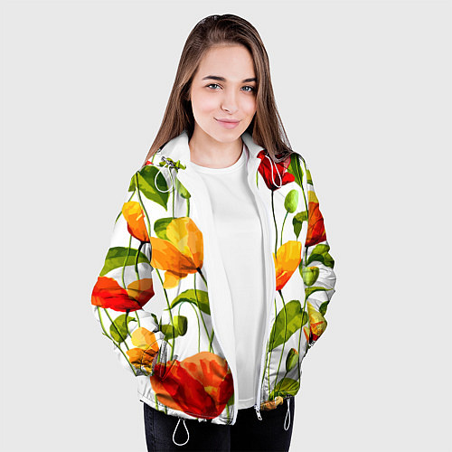 Женская куртка Волнообразный узор из цветков мака Лето / 3D-Белый – фото 3