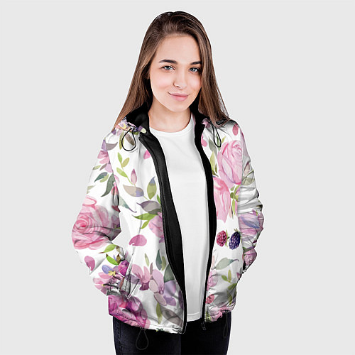 Женская куртка Летний красочный паттерн из цветков розы и ягод еж / 3D-Черный – фото 3