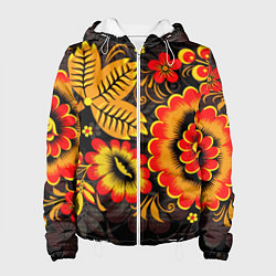 Куртка с капюшоном женская Хохломская Роспись Цветы На Тёмном Фоне, цвет: 3D-белый