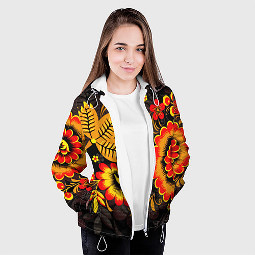 Женская куртка Хохломская Роспись Цветы На Тёмном Фоне / 3D-Белый – фото 3