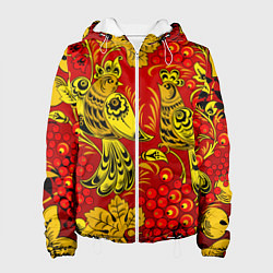 Куртка с капюшоном женская Хохломская Роспись Две Птици На Красном Фоне, цвет: 3D-белый