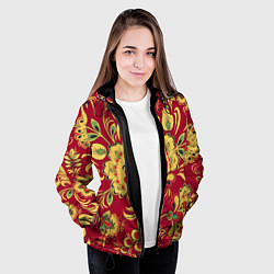 Куртка с капюшоном женская Хохломская Роспись Цветы На красном Фоне, цвет: 3D-черный — фото 2