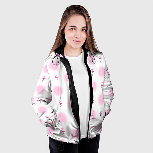 Женская куртка Фламинго и круги на белом фоне / 3D-Черный – фото 3