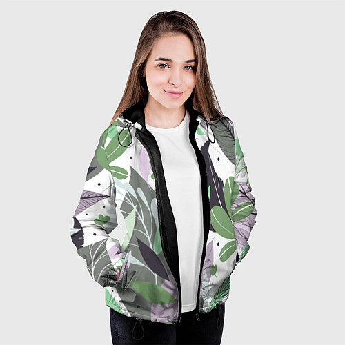 Женская куртка Зелёные, серые, голубые, сиреневые листья на белом / 3D-Черный – фото 3