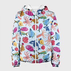Куртка с капюшоном женская Паттерн из морских жителей Лето, цвет: 3D-белый