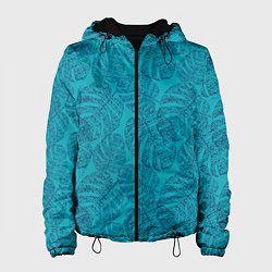Куртка с капюшоном женская Синие листья монстеры на голубом, цвет: 3D-черный