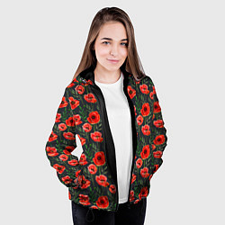 Куртка с капюшоном женская Красные маки на черном фоне, цвет: 3D-черный — фото 2