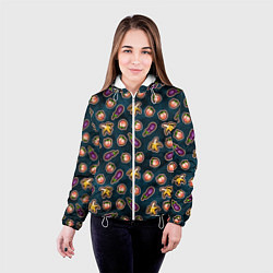 Куртка с капюшоном женская Баклажаны персики бананы паттерн, цвет: 3D-белый — фото 2