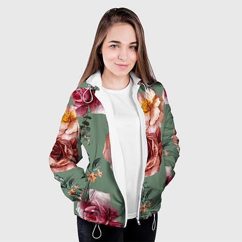 Женская куртка Цветы Нарисованные Розы и Пионы / 3D-Белый – фото 3