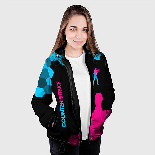 Женская куртка Counter Strike - neon gradient: символ и надпись в / 3D-Черный – фото 3
