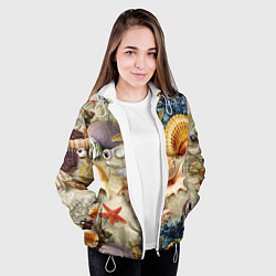 Куртка с капюшоном женская Морские раковины, кораллы, морские звёзды на песке, цвет: 3D-белый — фото 2