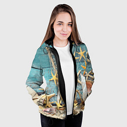 Куртка с капюшоном женская Натюрморт из сети, морских звёзд и ракушек - лето, цвет: 3D-черный — фото 2