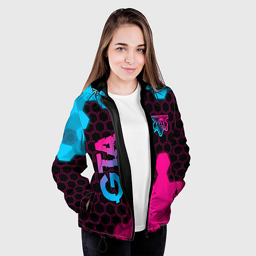 Женская куртка GTA - neon gradient: надпись, символ / 3D-Черный – фото 3