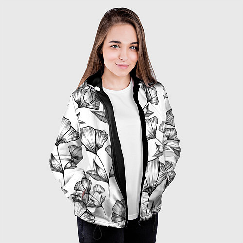 Женская куртка Графичные цветы на белом фоне / 3D-Черный – фото 3