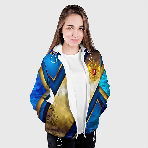 Женская куртка Золотой герб России на синем объемном фоне / 3D-Белый – фото 3