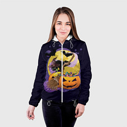 Куртка с капюшоном женская Чёрный котёнок и тыквы, цвет: 3D-белый — фото 2