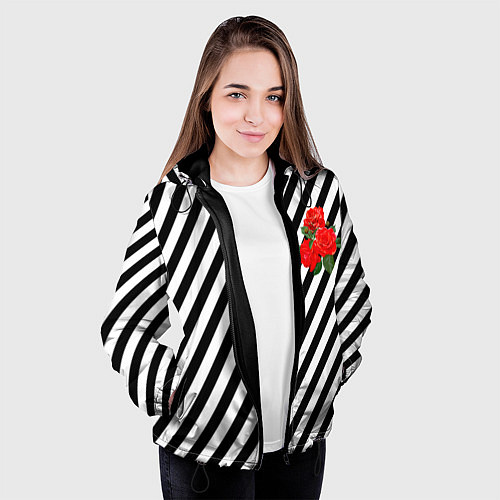 Женская куртка Черно-белые полоски с букетом роз / 3D-Черный – фото 3