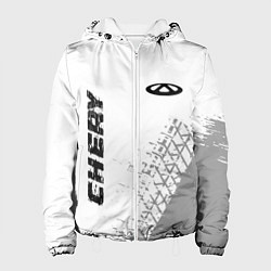 Куртка с капюшоном женская Chery speed на светлом фоне со следами шин: надпис, цвет: 3D-белый