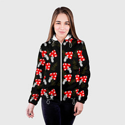 Куртка с капюшоном женская Мухоморы на черном фоне, цвет: 3D-белый — фото 2