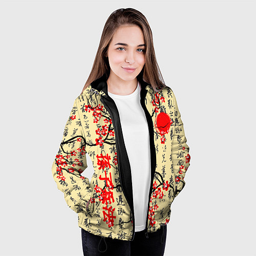 Женская куртка Иероглифы и сакура / 3D-Черный – фото 3