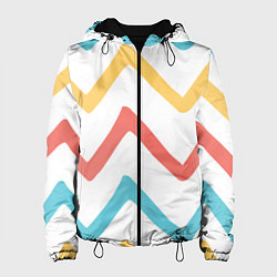 Куртка с капюшоном женская Волнообразные жёлтые, красные и синие линии, цвет: 3D-черный