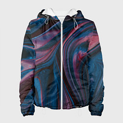 Куртка с капюшоном женская Абстрактные фиолетовые и синие волны с блёстками, цвет: 3D-белый