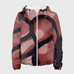 Куртка с капюшоном женская Тёмные волнообразные линии на красном фоне, цвет: 3D-белый