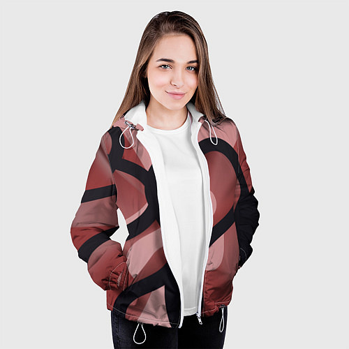 Женская куртка Тёмные волнообразные линии на красном фоне / 3D-Белый – фото 3