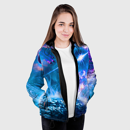 Женская куртка Космос - планета и яркая звезда / 3D-Черный – фото 3