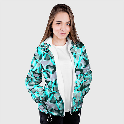 Женская куртка Пятнистый абстрактный узор серый с бирюзовыми лини / 3D-Белый – фото 3