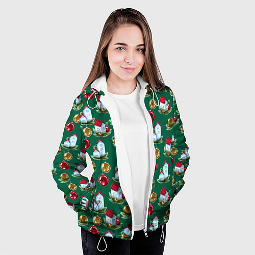 Женская куртка Новогодние домики на зеленом - паттерн / 3D-Белый – фото 3