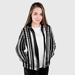 Куртка с капюшоном женская Бело серый полосатый узор, цвет: 3D-черный — фото 2