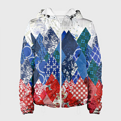 Куртка с капюшоном женская Флаг России в стиле пэчворк, цвет: 3D-белый