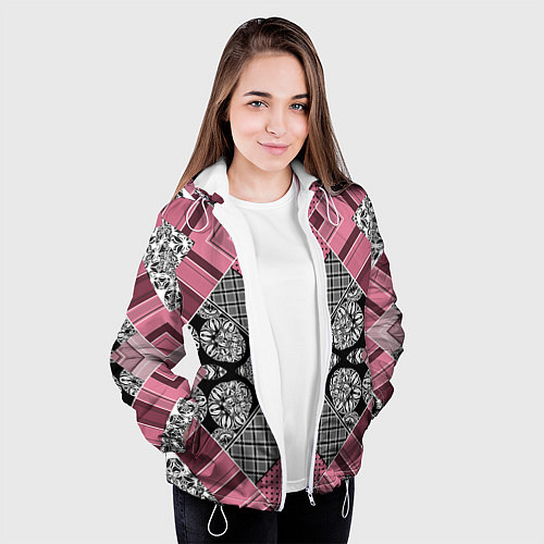 Женская куртка Геометрический розово-черный с белым узор / 3D-Белый – фото 3
