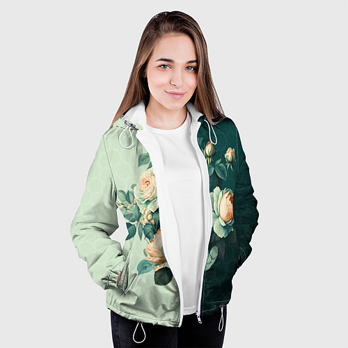Женская куртка Розы на зеленом фоне / 3D-Белый – фото 3
