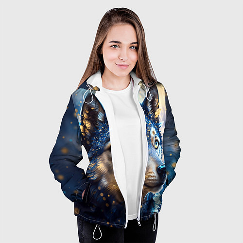 Женская куртка Волк на синем фоне / 3D-Белый – фото 3